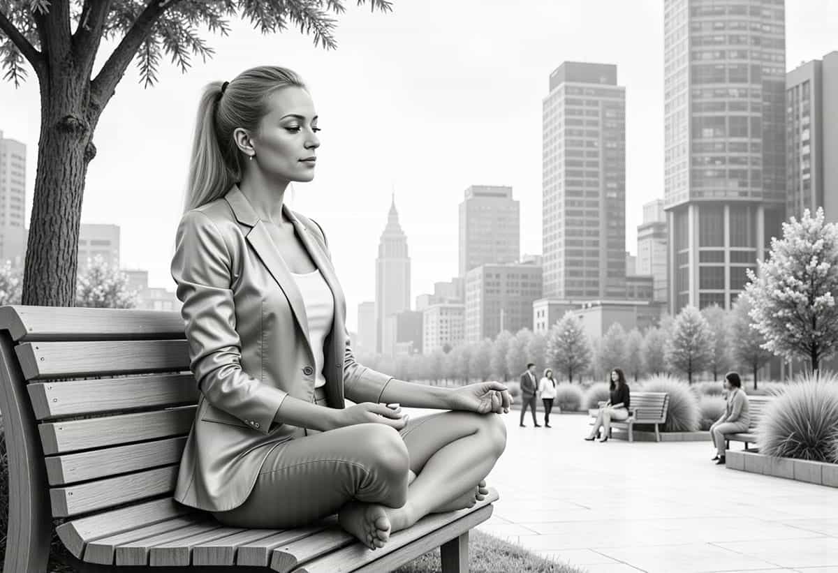 A serene urban setting featuring a young professional woman practicing mindfulness amidst a bustling cityscape. She is sitting cross-legged on a minimalist wooden bench in a small urban park, surrounded by soft greenery and modern architecture in the background. She wears simple, stylish clothing—a neutral-toned blazer and jeans—symbolizing balance between work and relaxation. She has her eyes closed, with a calm expression, as sunlight filters gently through the trees. In the distance, faint motion blur of people and vehicles conveys the busyness of the city, contrasting with her stillness and focus. @modelone