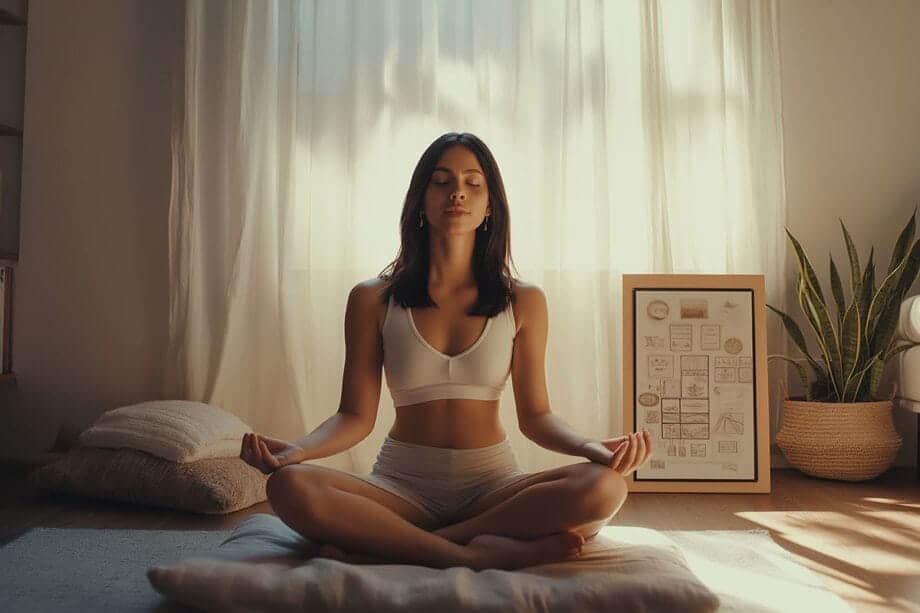 woman meditating in a minimalist living room with a vision board placed beside her The soft light colors and cozy blankets cushions comfortable atmosphere for yoga and mindfulness